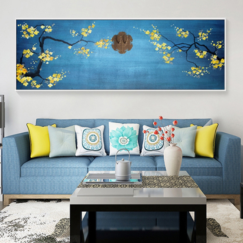 新中式客廳裝飾畫 餐廳原創(chuàng)實物畫 玄關(guān)環(huán)保PS框掛畫 黃梅花