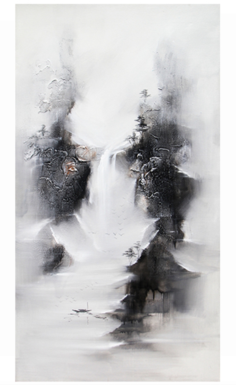 新中式客廳裝飾畫 書房原創(chuàng)純手繪山水畫 玄關(guān)環(huán)保PS框掛畫 霧中舟